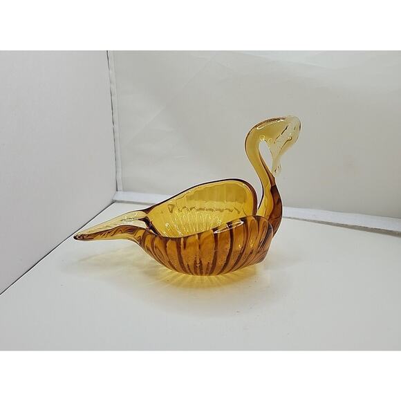 Vintage Amber Hand Blown Swan Art Glass Candy/Trinket Bowl 4" Retro Art Deco MCM - Picture 3 of 9